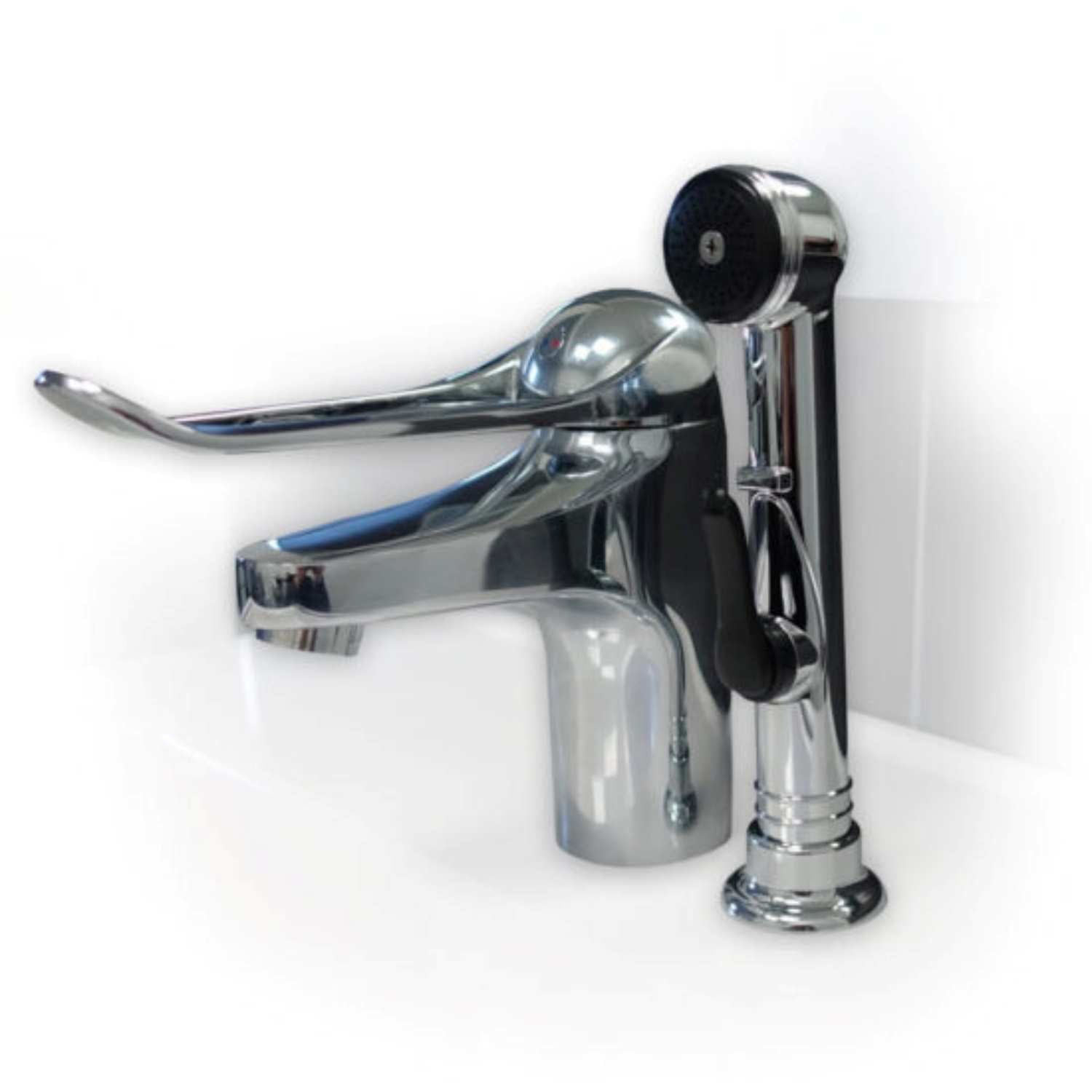 KIBOMED 101 - Armatur mit verlängertem, u-förmigen Bügel-Bedienhebel (MIT Handbrause), seniorengerecht